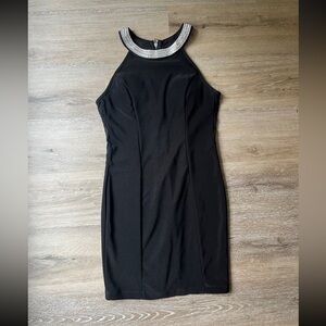 Black mini dress with jeweled halter top